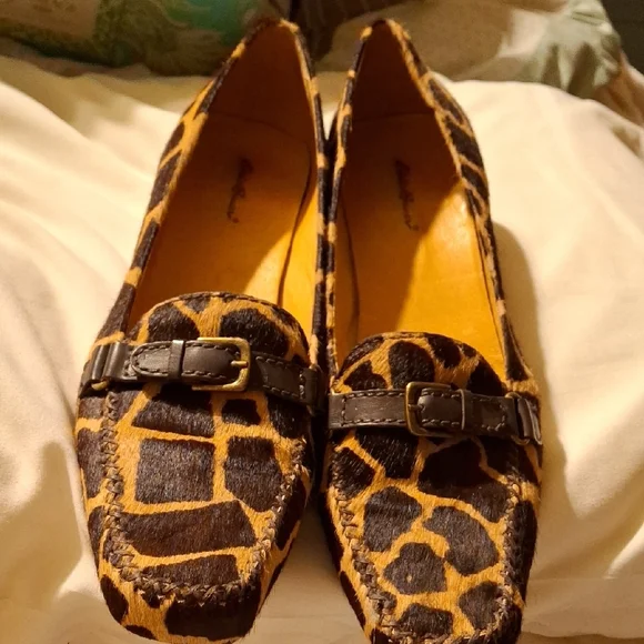 Brown and Black Animal Print Loafers with Metal Buckle - Picture 1 of 9